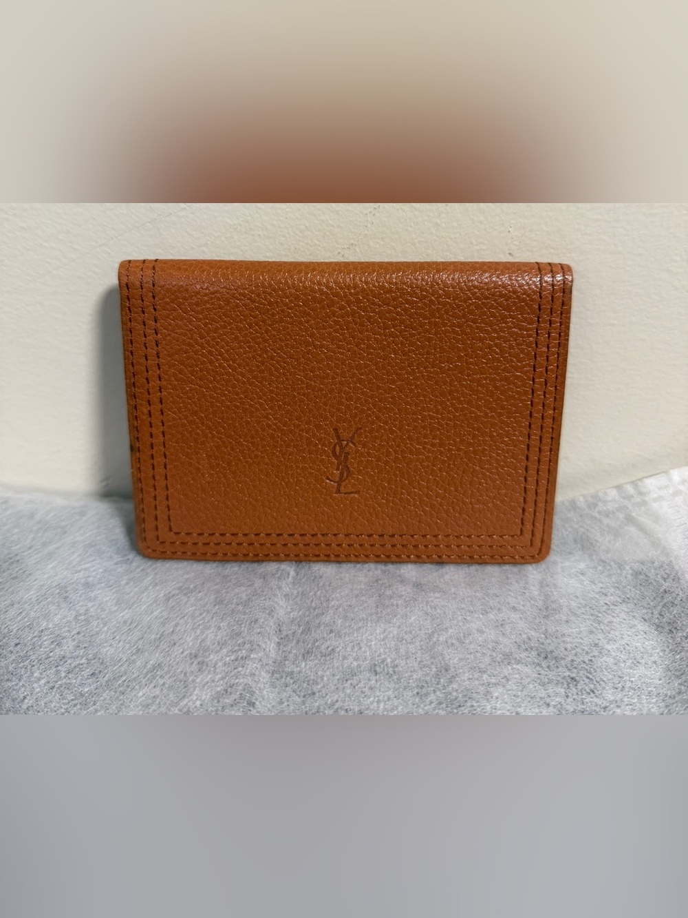 Yves Saint Laurent Pebbled Leather Card Holder Wallet in Brown